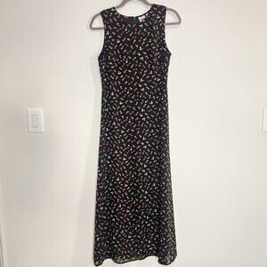 County Seat Jeanswear Dress Size 7/8 Black Floral Maxi Lined Sleeveless 90s VTG